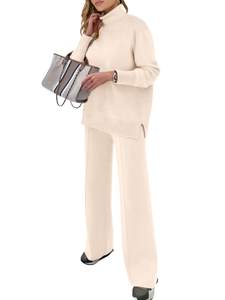 ANRABESS Womens 2 Piece Outfits Turtleneck Matching Lounge Set Sweater Top Wide Leg Pants Fall Cozy Knit Sweat