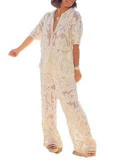 Vacation Outfits Button Down Lace Shirt with Wide Leg Pants Crochet Sets Two Piece Women Cover Up