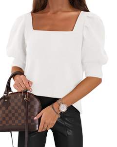 Womens Puff Short Sleeve Sweater Tops Square Neck Casual Knit Pullover | Dressy Casual Blouses,Fall Shirts,Fas