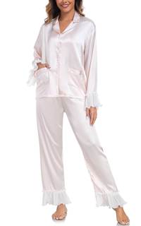 BestWendding Womens Silky Pajamas Ruffle Hem Long Sleeve Collar Shirt and Long Pants Button Up Lounge Sets wit