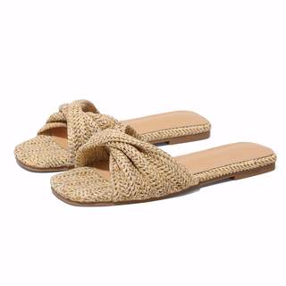 EQAUDES Raffia Flat Sandals for Women Straw Woven Braided Twist Slip On Slides - Summer, Open Toe, Beach, Comf