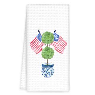 4th of July Grandmillennial Kitchen Towels, Blue Chinoiserie Decor Hand Towels, Patriotic American Flag Topiar