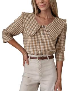 Daacee Women's Plaid Blouse Oversized Ruffle Collar V Neck Puff Sleeve Button Down Plaid Shirts Trendy Gingham