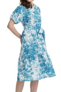 Women Summer Floral Midi Dress Puff Short Sleeve V Neck Button Belt Casual Flowy Maxi Beach Vacation Dresses L