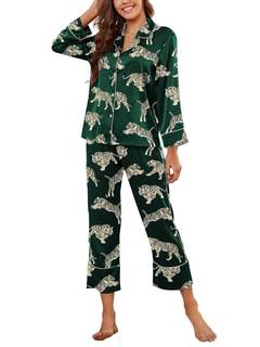 Brosloth Women's Silk Satin Pajamas Long Sleeve Button Up Loungewear Set | Button Down Animal Print Pajamas, L