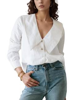 Daacee Women's Big Collar Cotton Linen Blouses Dressy Casual Long Sleeve V Neck Button Down Shirts Ladies Tops