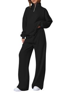 PRETTYGARDEN Womens 2 Piece Outfits Matching Lounge Sets | Drop Shoulder,Quarter Zip Oversized Sweatshirts,Str