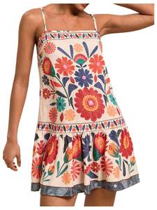 RoseSeek Women's Floral Boho Flowy Mini Cami Dress Ruffle Hem Tank Dresses | Spaghetti Strap, Vacation, Summer