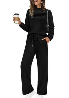 WIHOLL Two Piece Sets for Women Fall Travel Vacation Outfits 2026 Long Sleeve Lounge Sets Side Slit Wide Leg P