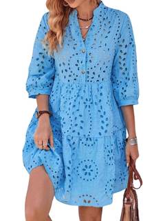utcoco Women's 2025 Eyelet Lace Midi Dress V Neck Puff 3/4 Sleeve Button Tiered Sexy A Line Sun Dress X-Small 