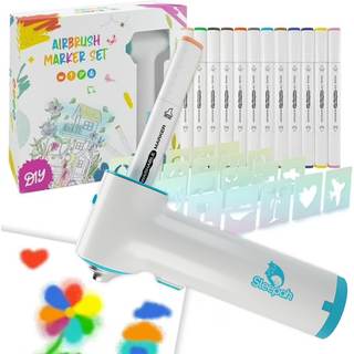 Air Brush Marker Sprayer Set for Kids w 12 Washable Markers & 20 Stencils | Creative Activity for Boys & Girls