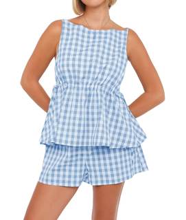 Women's Ginghams 2 Piece Outfits Sleeveless Plaid Drawstring Tie Top And Shorts Summer Beach Vacation Lounge S