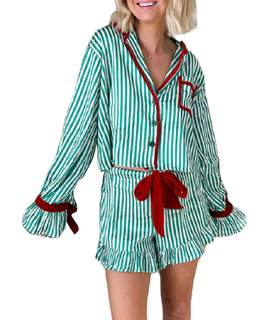 Seyurigaoka Christmas Pajamas Shorts Set for Women Y2k Cute Bow Tie Pjs Button Up Top+Ruffle Shorts 2 Piece Xm