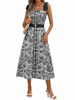 Wenrine Womens Summer Floral Midi Dress Casual Tie Strap Boho Sundress | Sleeveless, Smocked Button, Flowy,Bea