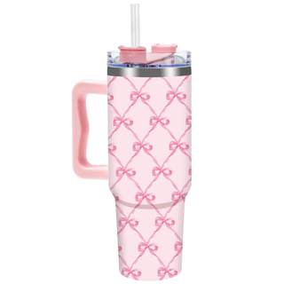 FYSUIMU Pink Bow Tumbler with Handle Straw and Lid 40 Oz Pink Ribbon Bow Stainless Steel Cup Travel Coffee Tum