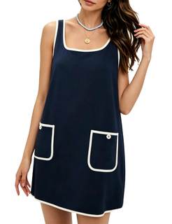 Women's Suede Mini Dress Sleeveless Beach Tank Dress with Pockets Contrast Trim Casual Cover Up Shift Dresses 