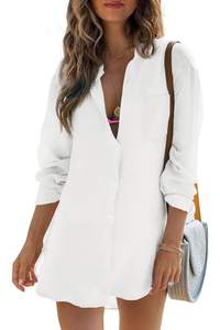 Womens Beach Cover Up Long Sleeve Button Down Swimsuit Bikini Coverup Shirt | Summer, Cotton Gauze,Tops,button