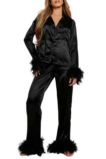 Women Feather Trim Holiday Pajama Set Satin Silk 2 Piece Cute Heart Bow Button Up Long Sleeve Shirt And Pjs Pa