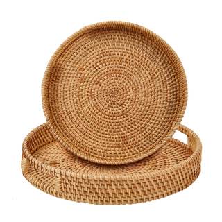 Round Rattan Serving Tray with Handles,2 Hand Woven Basket, Home Decor Organizer Tray for Breakfast, Tea, Snac