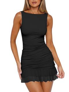 HOCILLE Women's Sexy Bodycon Boat Neck Mini Homecoming Party Dress | Summer Sleeveless Ruched Ruffle Hem Club 