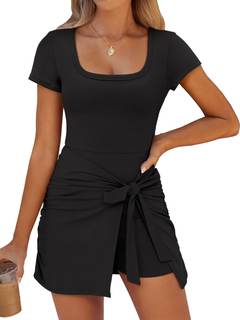 Caracilia Women Summer Short Sleeve Square Neck Bodycon Tie Cinched Waist Romper Mini Dresses Night Out Vacati