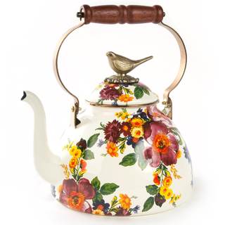 MACKENZIE-CHILDS Tea Kettle, 3 Quarts, White Flower Market with Bird Topper | Hand-applied design, made from e