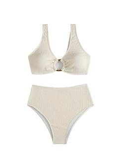 SOLY HUX Women's 2 Piece Bikini Set Ring Linked High Waisted Textured Bathing Suit Swimwear Medium Beige