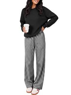 ANRABESS Two Piece Sets for Women Gingham Pants Lounge Set | Long Sleeve Sweatshirts Wide Leg Pants Fall Outfi