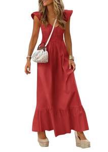 PRETTYGARDEN Women's Summer Smocked Maxi Sun Dresses | Cap Sleeve V Neck, Fit and Flare, Flowy Long, Pockets A