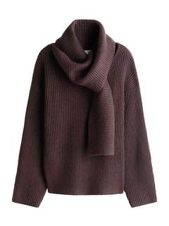 KEOMUD Women Ribbed Knit Sweater Pullover with One Piece Scarf Loose Fit Long Sleeve Casual Top for Fall Winte