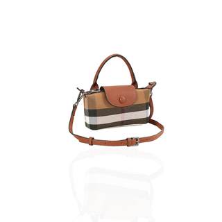 Mini Plaid Canvas Handbag for Women PU Leather Top Handle Checked Bucket Hand Bag Checked Brown