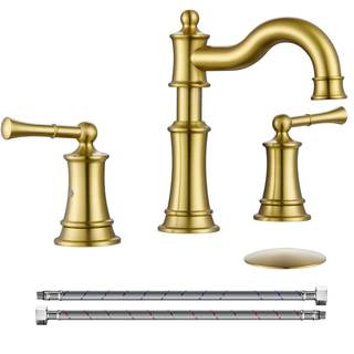Roman Bathroom Sink Faucet 3 Holes Brushed Gold 2 Handle Widespread 8 inch Deck Mount Installation with Overfl