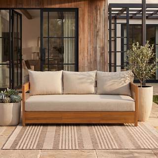 SAFAVIEH Outdoor - Kento 3-Seat Sofa - Natural & Taupe - Solid Wood with Cushion - Modern Slatted Round-Frame 
