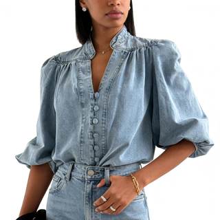 Women's Vintage Denim Shirt, V Neck 3/4 Lantern Sleeve Blouse, Casual Button Down Jean Top Small Light Blue
