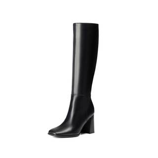 vivianly Knee High Boots Women Leather Square Toe Chunky Block Heel Tall Boots with Side Zipper Comfortable Fa