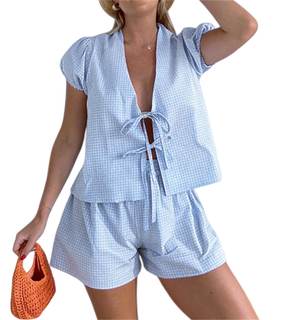 Yuemengxuan Women Y2k Peplum Shirt Shorts Set Two Piece Lounge Set Pajamas Sets Puff Sleeve Tie Front Top 2pcs