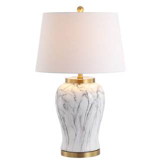 JONATHAN Y Prague 28" Ceramic Marble Table Lamp, White/Gold | Faux Hand-Painted Base, Linen Drum Shade, Metal 