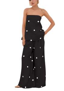 Women 2 Piece Outfits Polka Dot Summer Pants Set Strapless Tube Top High Elastic Waist Wide Leg Pants Lounge S