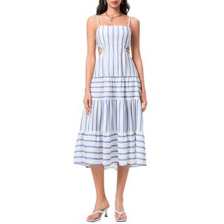 Owl's-Yard Women’s Striped Long Dress Summer Sleeveless Spaghetti Strap Front Pocket Dress Flowy Beach Sundres