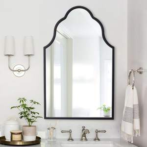 Chende Black Bathroom Mirror for Over Sink, 32"X20" Arched Mirrors with Scalloped Wooden Frame, Elegant Decora