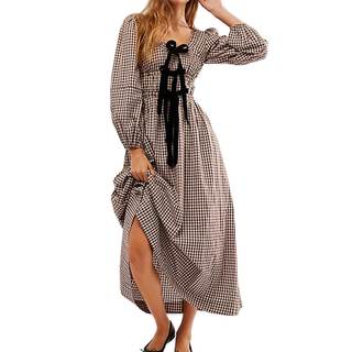 Women Plaid Long Dress Lantern Sleeve Square Neck Maxi Dress with Bow Tie Cottagecore Flowy Fall Dresses Brown