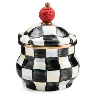 MACKENZIE-CHILDS Enamel Lidded Sugar Bowl, Black-and-White Courtly Check | Hand-painted design, small serving 