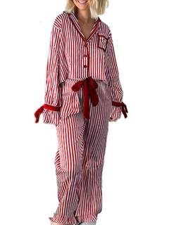 Christmas Pajama Sets for Women 2 Piece Bow Tie Holiday Loungewear | Long Sleeve,Button Down,Lapel Neck,Stripe