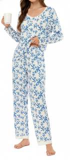 LUBOT Bamboo Viscose Pajamas Women Sets Pjs Soft Breathable 2 Piece Pjs V Neck Long Sleeve Pants Sleepwear Lou