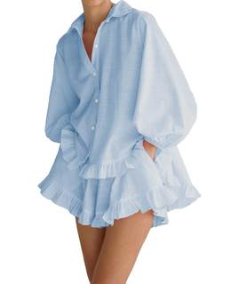 Women Ruffle 2 Piece Sets Long Sleeve Button Down Shirts and Shorts Fashion Stripe Sweatsuit Sets Large Blue