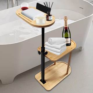 3 Layer Bath Tub Tray Table Liftable Freestanding Bamboo Bath Tray Caddy for Tub Against Wall Shelf Bathroom O