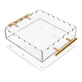 Acrylic Scalloped Tray 8'' X 8'' Acrylic Tray with Magnetic Mat and Handles for Customizable Picture, Clear Ac