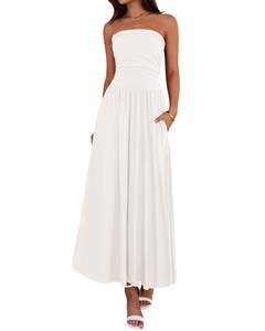 BTFBM Summer Maxi Dresses for Women Strapless Tube Top Dress | Sleeveless Ruched A Line Dresses Pockets, 2026 