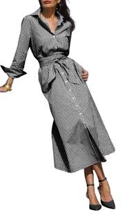 ebossy Women's Cotton Shirt Dress Casual Retro Lapel Long Sleeve Button Down Belted Plaid Maxi Dress with Pock