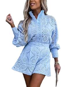 SOMTHRON Womens Eyelet Lace Two Piece Outfits Blouse Tops Shorts Set | Floral Embroidery, Hollow Out, Button D